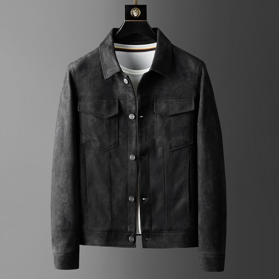 Alaric Herres Suede Jakke – Elegante Knapper, Raffineret Krave & Klassisk Casual Stil