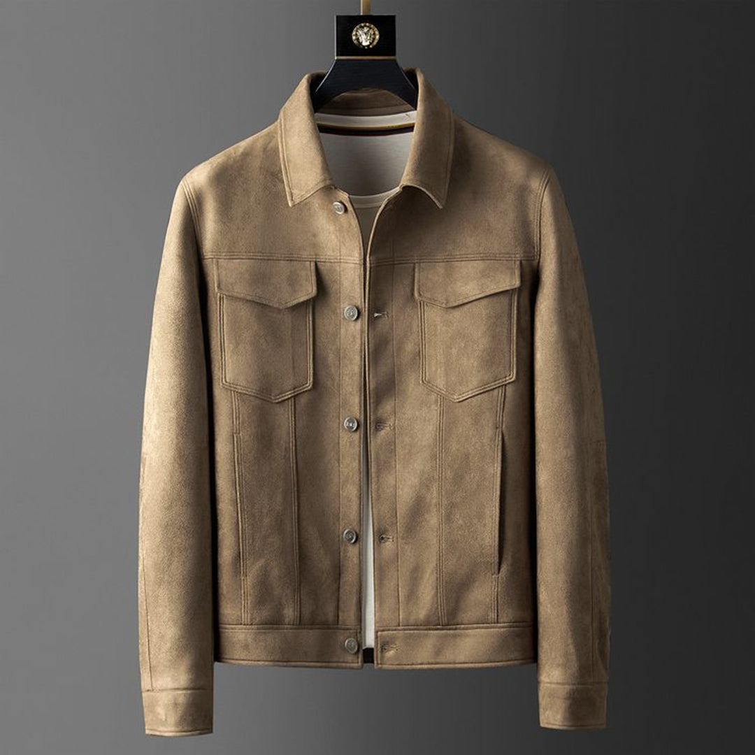 Alaric Herres Suede Jakke – Elegante Knapper, Raffineret Krave & Klassisk Casual Stil