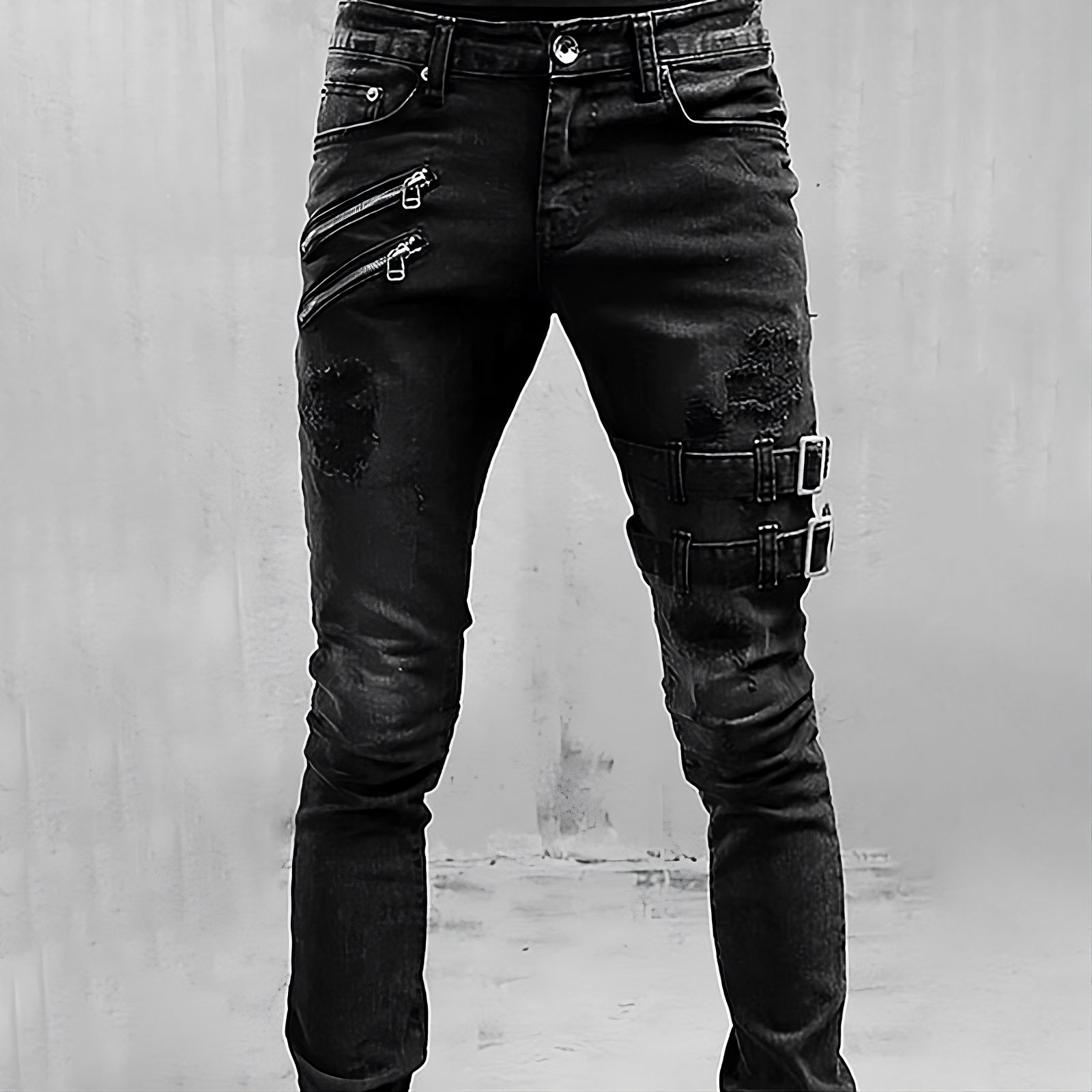 Herre Denimjeans med Spænder og Lynlåse