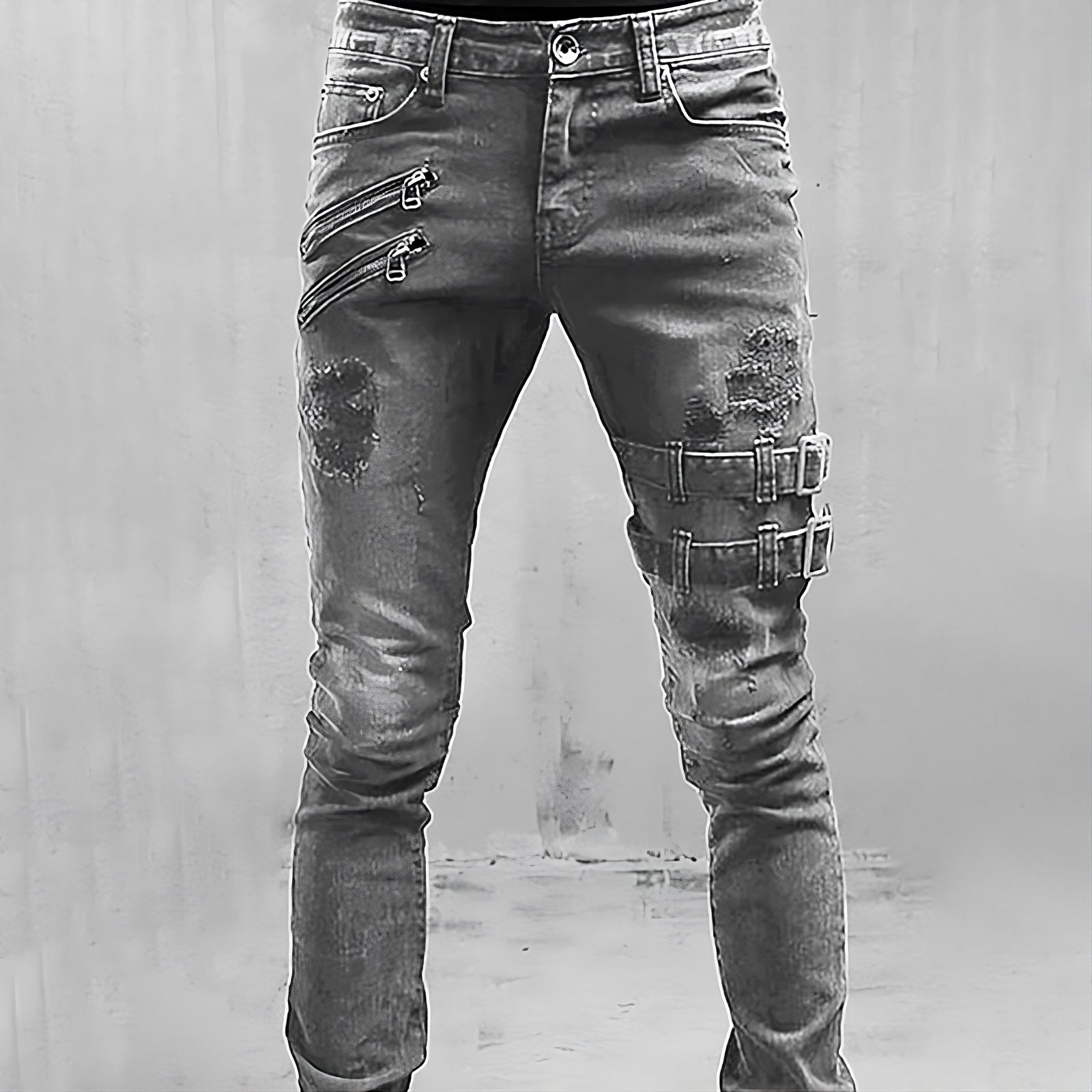 Herre Denimjeans med Spænder og Lynlåse