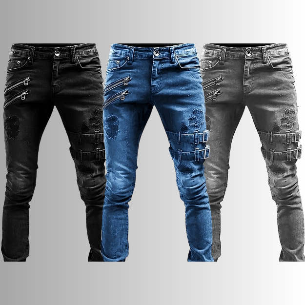 Herre Denimjeans med Spænder og Lynlåse