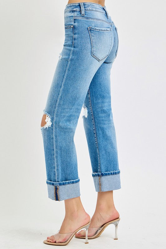 Kvinders Straight Cuffed Jeans Mid Rise Denim