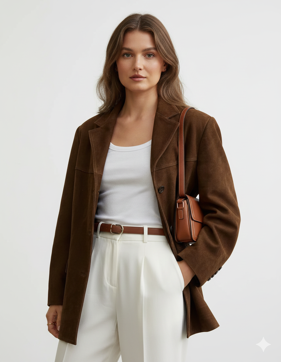 Marga Suede Blazer til kvinder – Chic brun jakke med moderne snit og strækstof