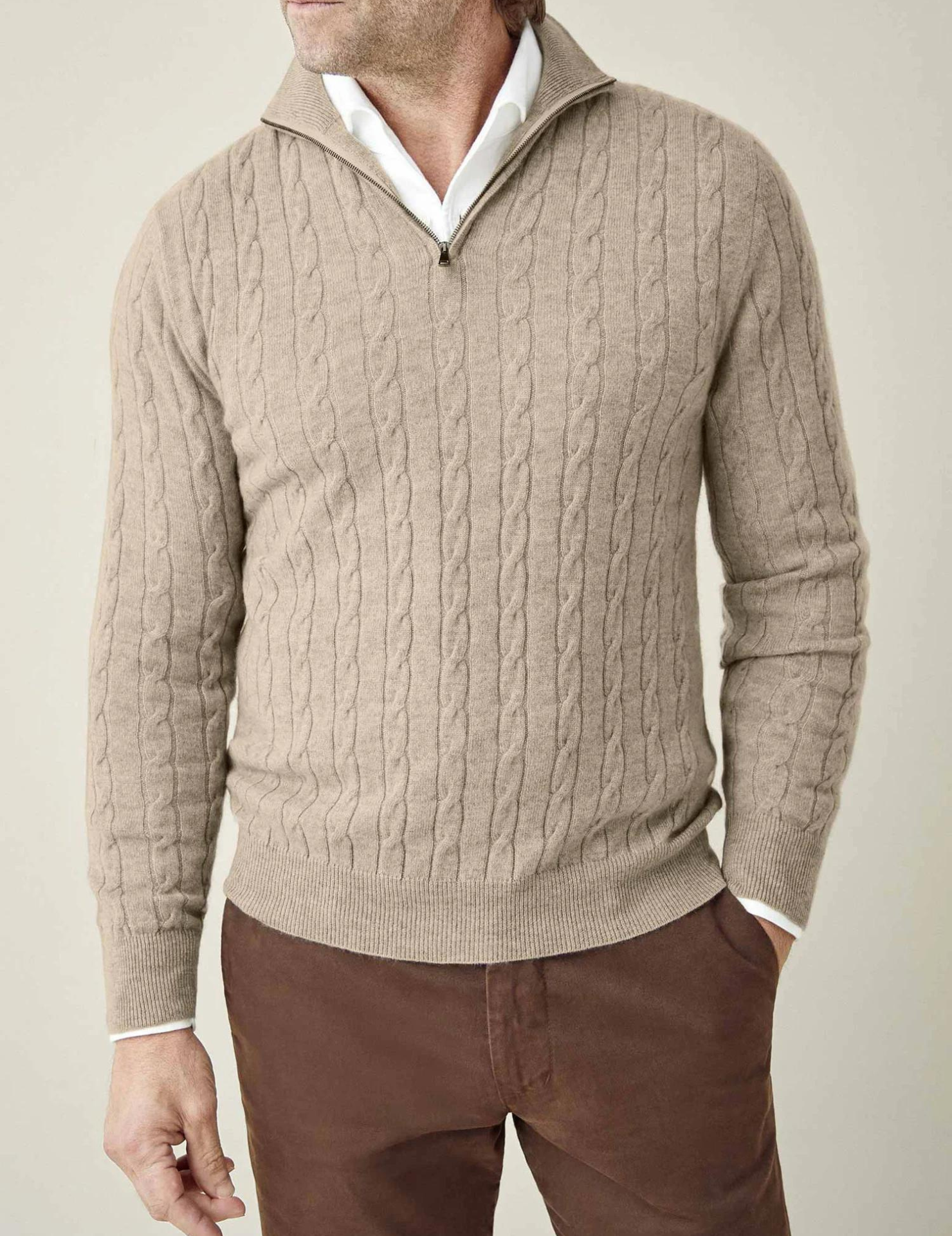 Herre Kabelstrik Quarter-Zip Sweater – Klassisk Trøje med Tragt-krave