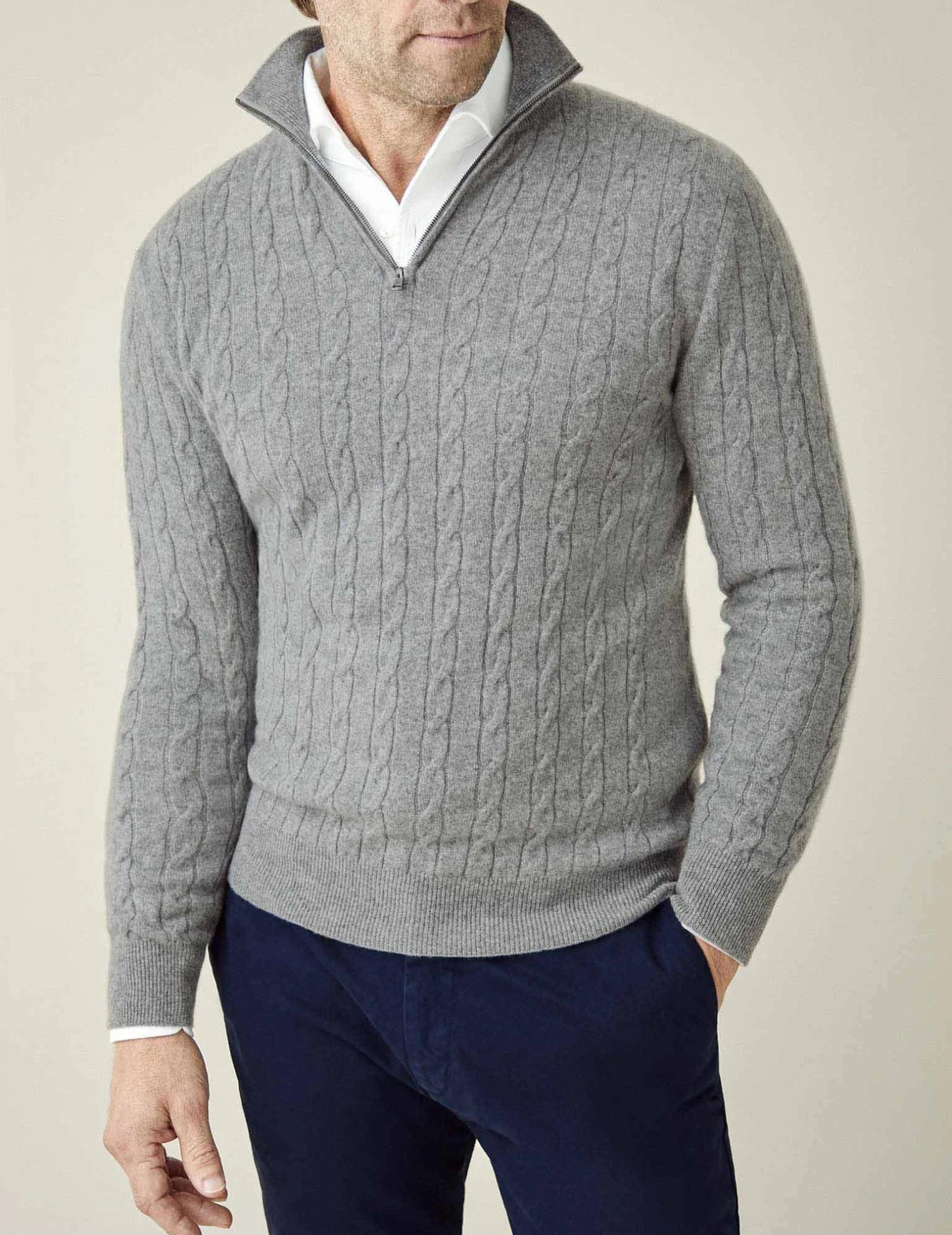 Herre Kabelstrik Quarter-Zip Sweater – Klassisk Trøje med Tragt-krave