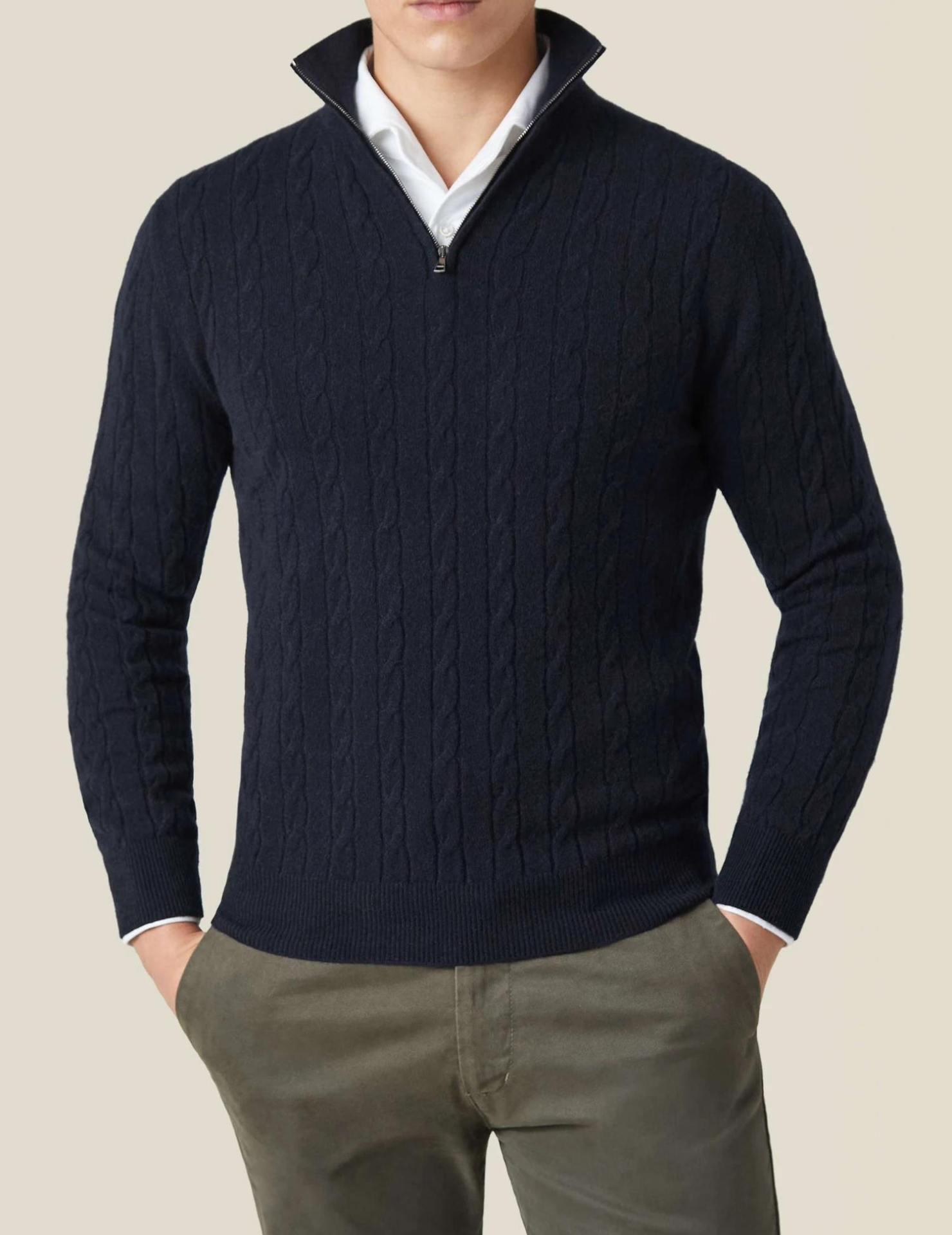 Herre Kabelstrik Quarter-Zip Sweater – Klassisk Trøje med Tragt-krave