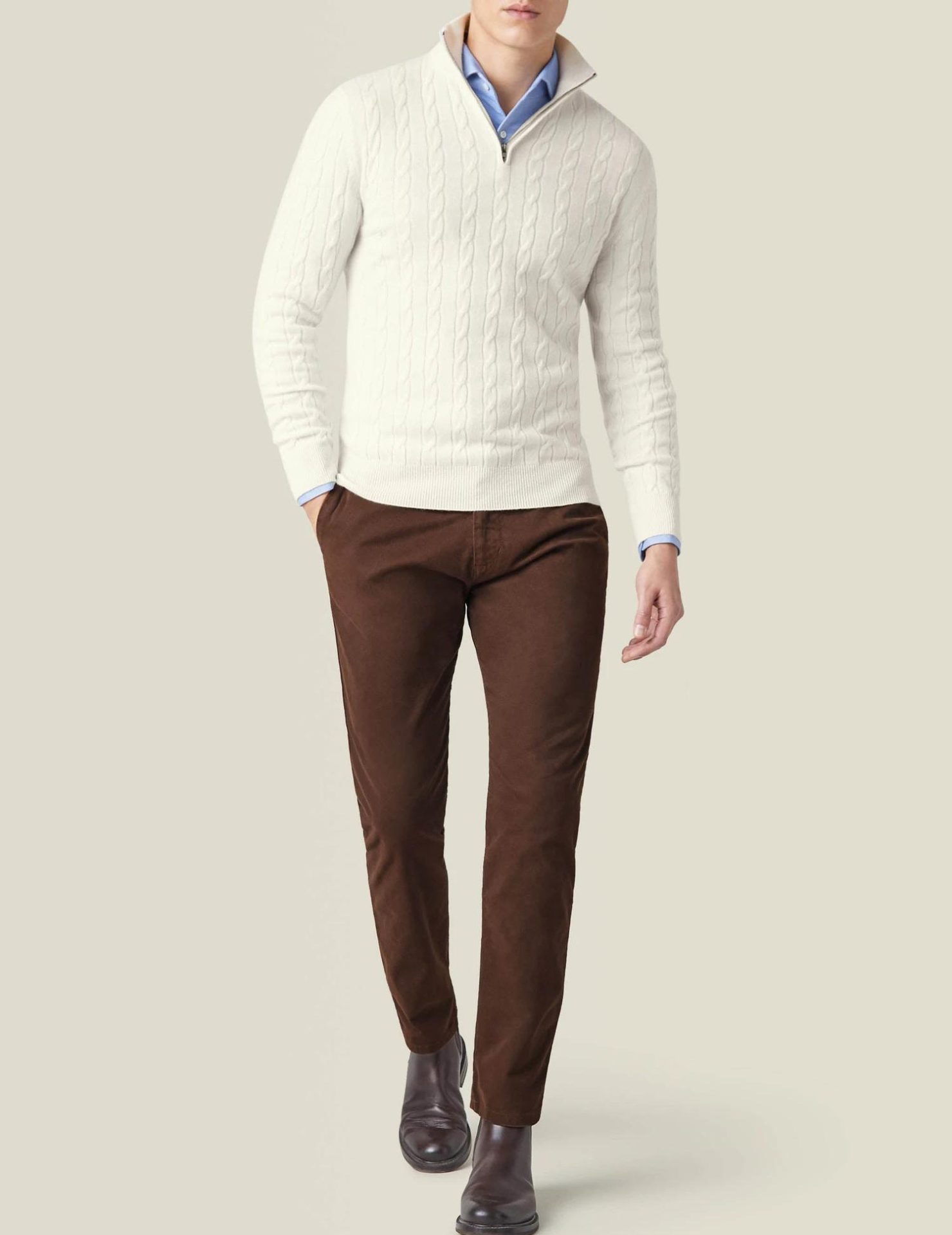Herre Kabelstrik Quarter-Zip Sweater – Klassisk Trøje med Tragt-krave