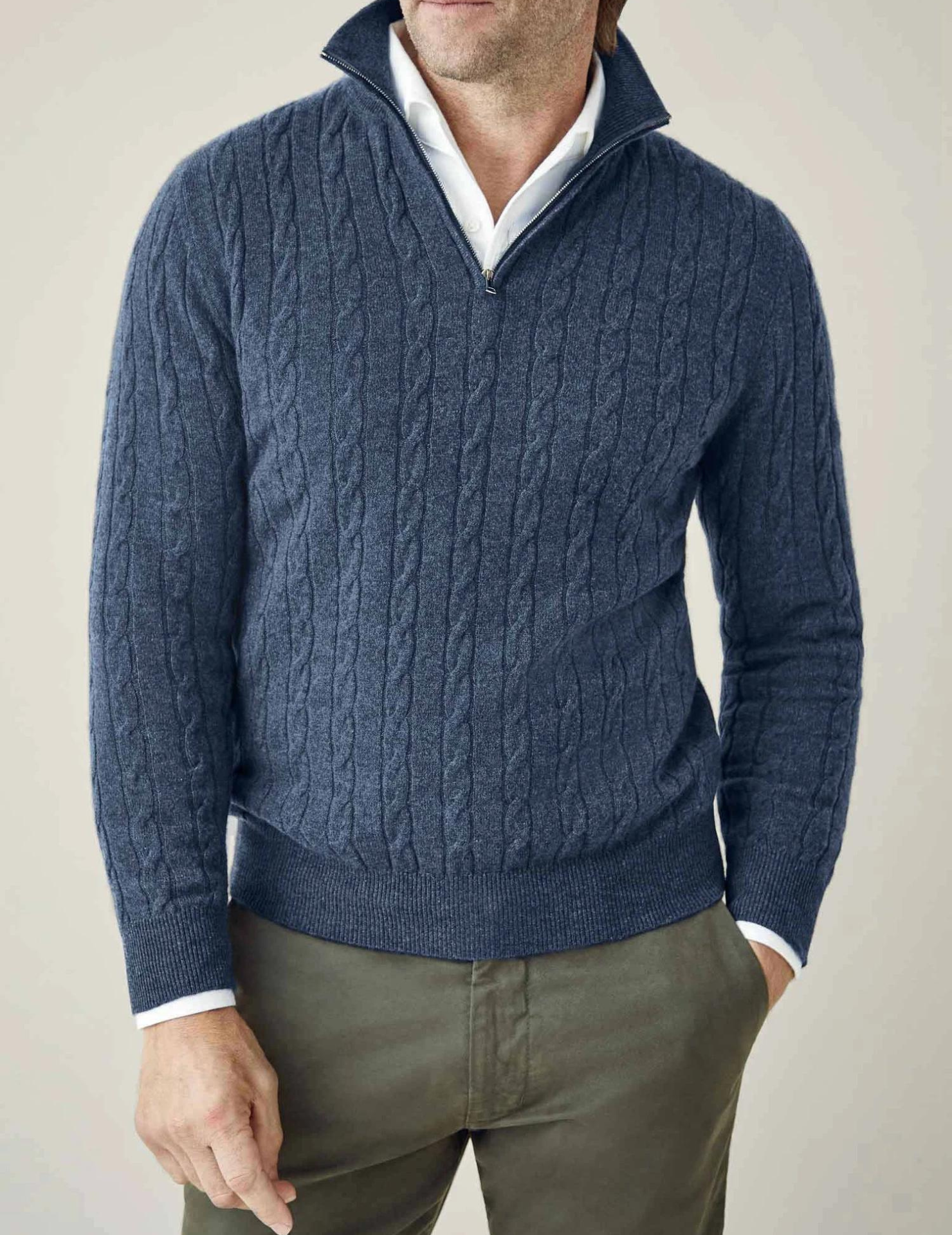 Herre Kabelstrik Quarter-Zip Sweater – Klassisk Trøje med Tragt-krave