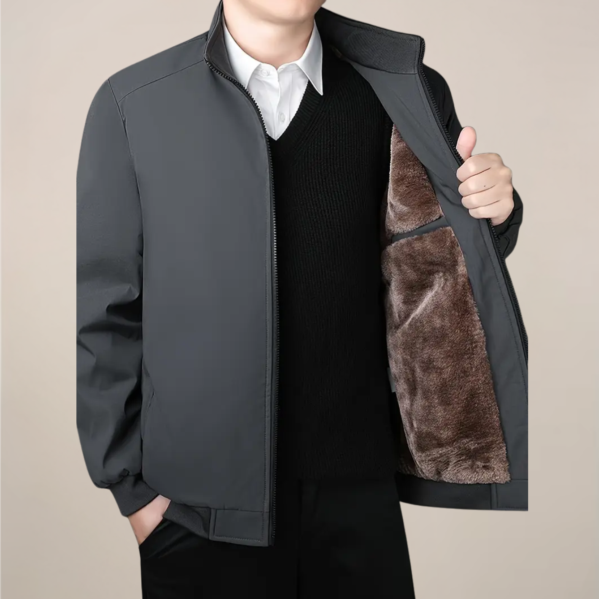 Herre Fleece-Foret Jakke – Varm Ståkrave Zip-Up Frakke til Vinter & Casual Brug
