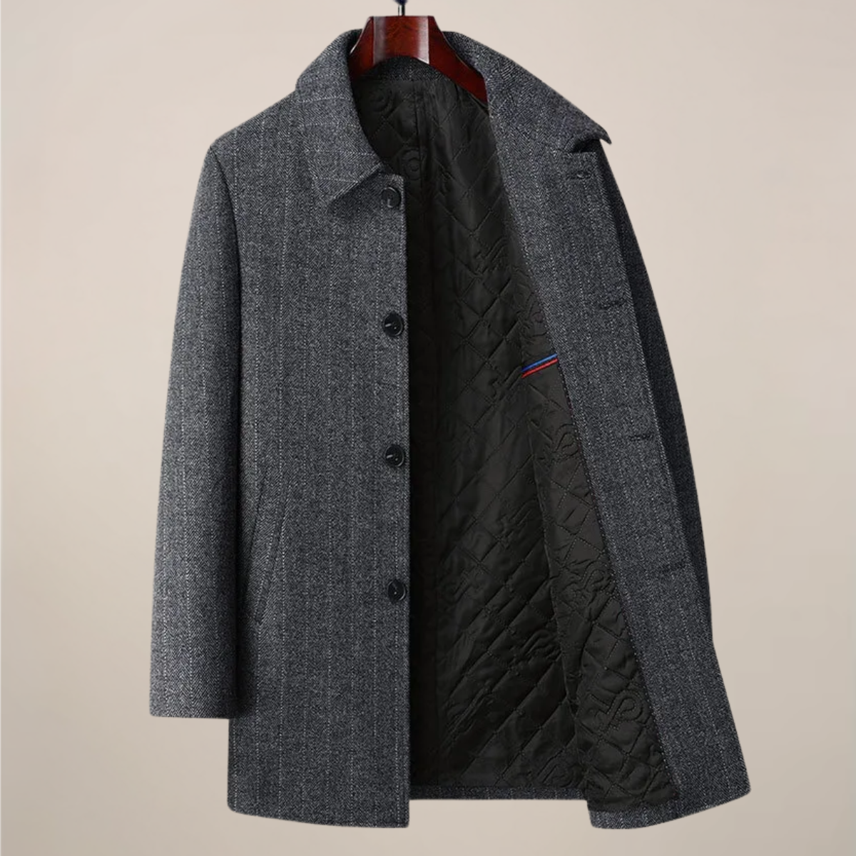 Herre Herringbone Bilfrakke – Spids Krave, Knap Front