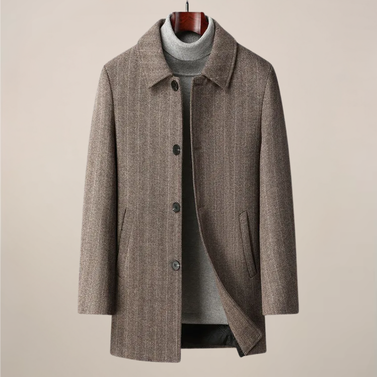 Herre Herringbone Bilfrakke – Spids Krave, Knap Front
