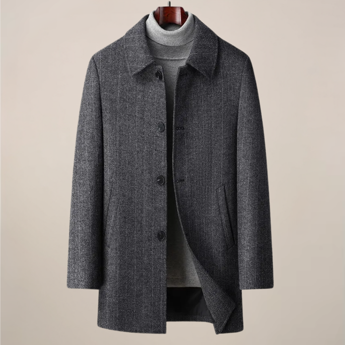 Herre Herringbone Bilfrakke – Spids Krave, Knap Front