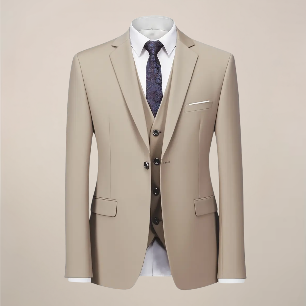 Herre Khaki Tre-delt Jakkesæt – Slim Fit Tuxedo til Bryllupper og Formelle Anledninger