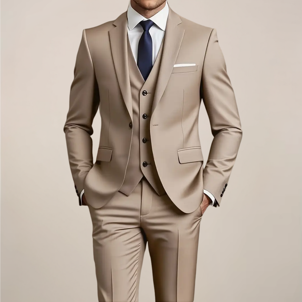 Herre Khaki Tre-delt Jakkesæt – Slim Fit Tuxedo til Bryllupper og Formelle Anledninger