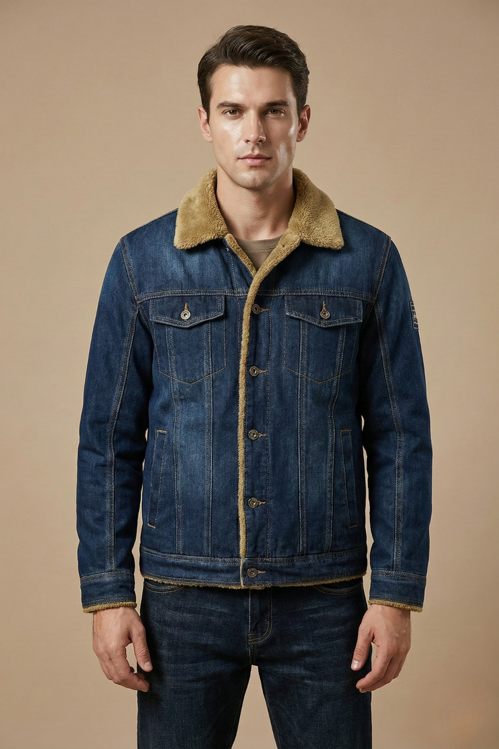 Mænds Fôret Denimjakke – Klassisk Knap-Front Vinterlag