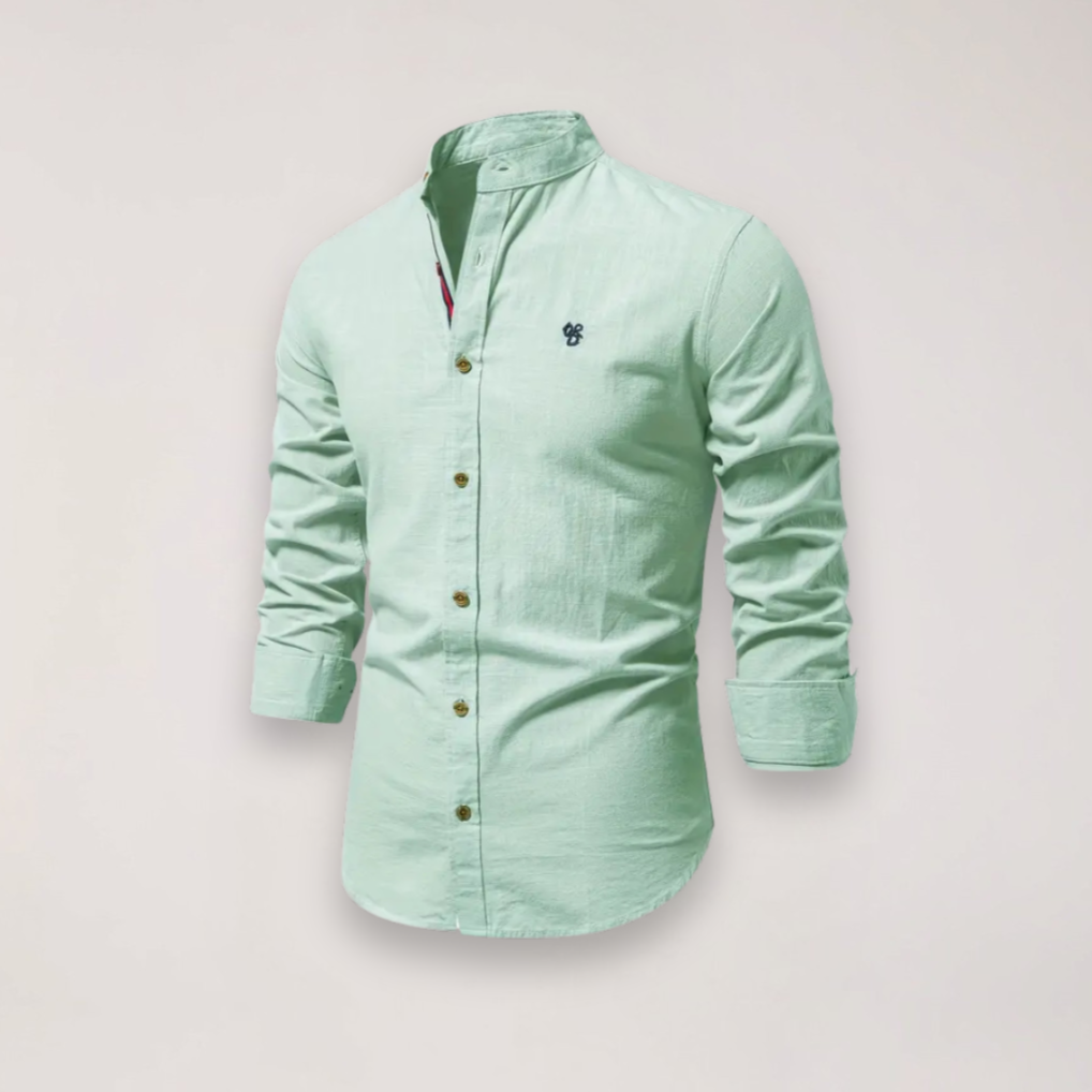 Herreskjorte med Lange Ærmer og Ståkrave – Broderet Ensfarvet Design til Smart Casual Styling