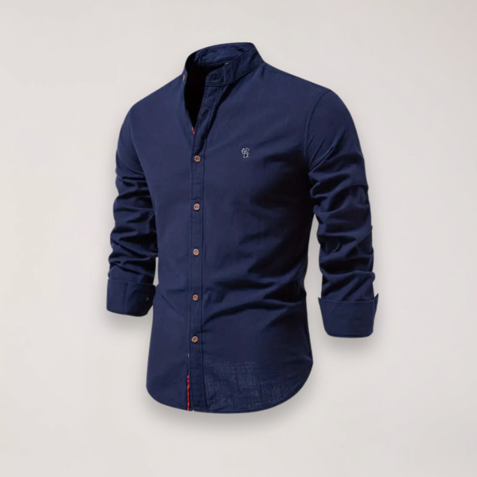 Herreskjorte med Lange Ærmer og Ståkrave – Broderet Ensfarvet Design til Smart Casual Styling
