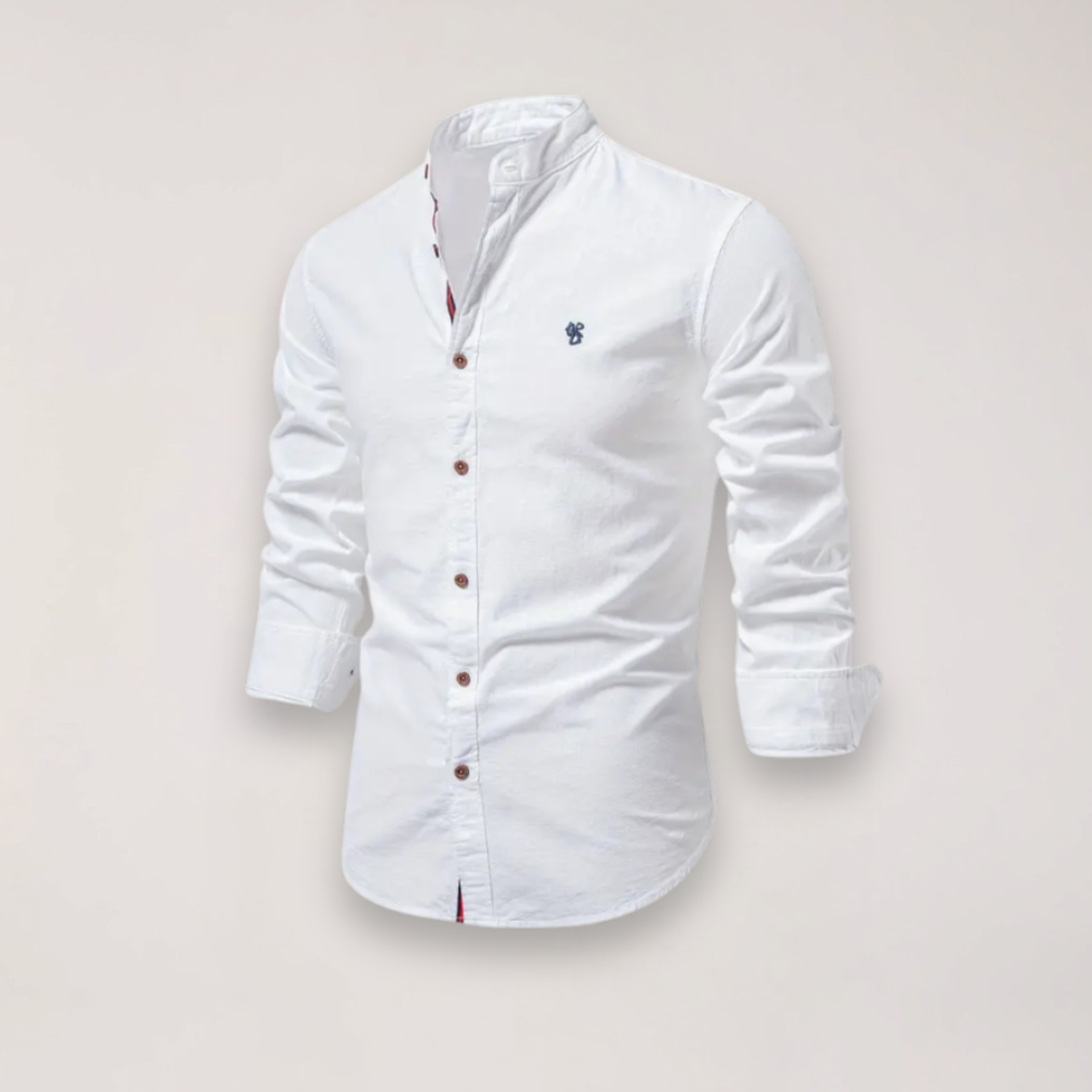 Herreskjorte med Lange Ærmer og Ståkrave – Broderet Ensfarvet Design til Smart Casual Styling