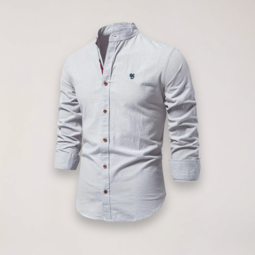Herreskjorte med Lange Ærmer og Ståkrave – Broderet Ensfarvet Design til Smart Casual Styling