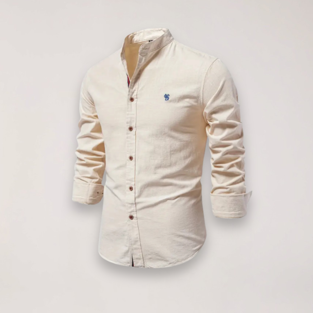 Herreskjorte med Lange Ærmer og Ståkrave – Broderet Ensfarvet Design til Smart Casual Styling