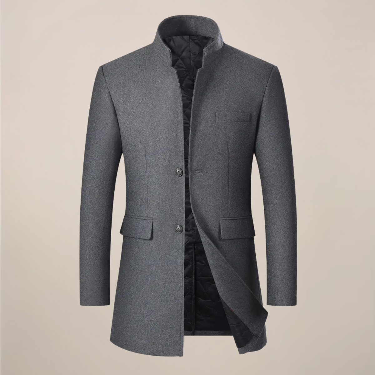 Herre Lang Vinterfrakke – Slim Fit Knap-Jakke med Ståkrave