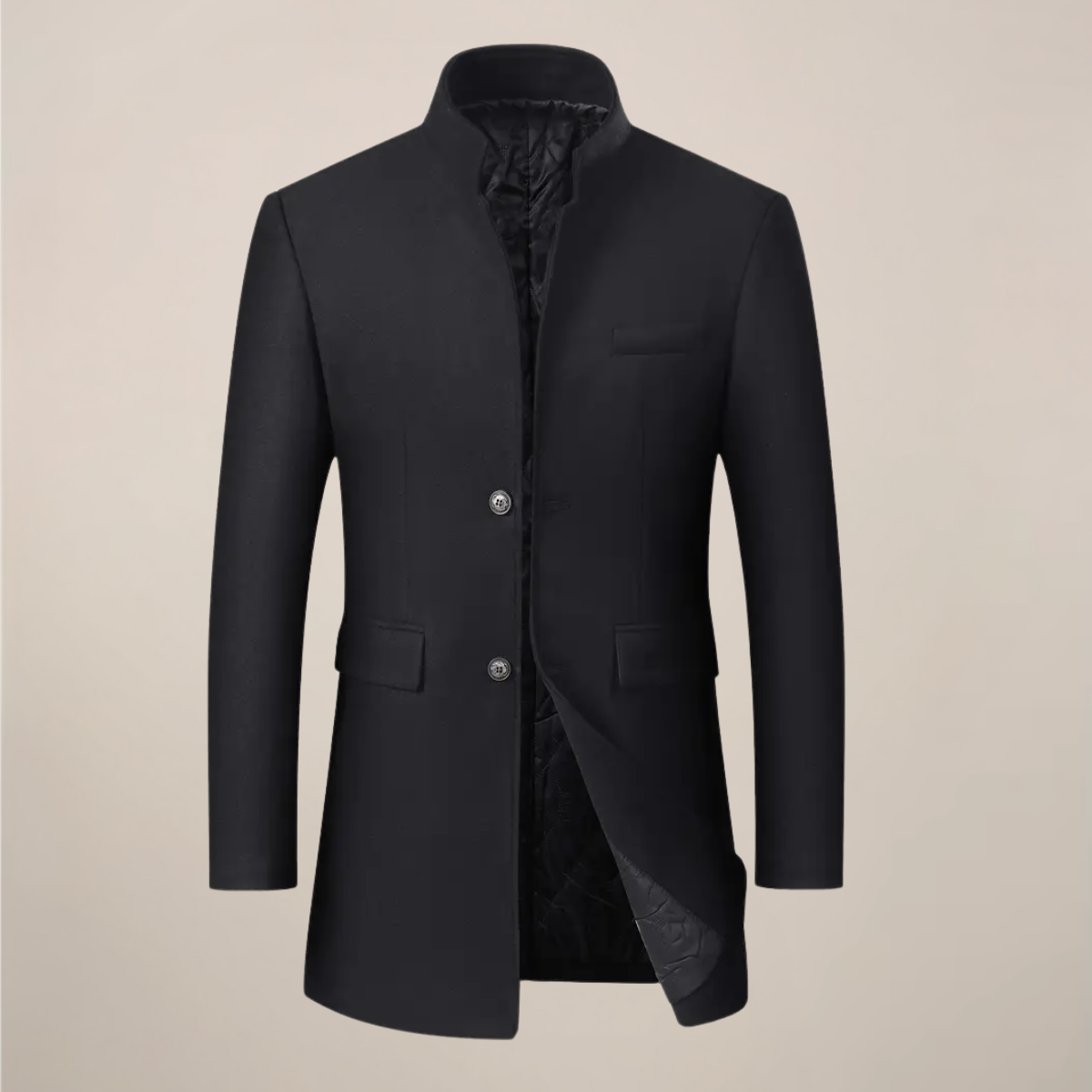 Herre Lang Vinterfrakke – Slim Fit Knap-Jakke med Ståkrave