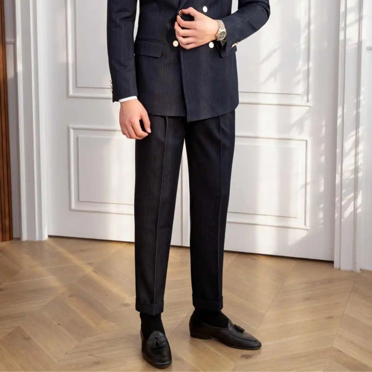 Herres Navy Blue Dobbeltbrystet Slim Fit 2-Piece Suit – Skræddersyet Efterårsformelt Sæt