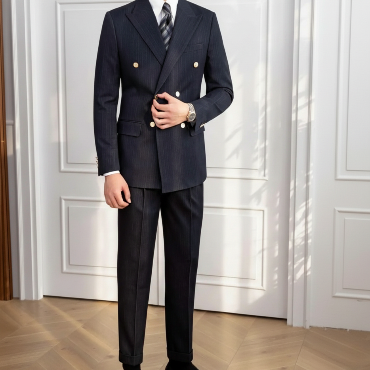 Herres Navy Blue Dobbeltbrystet Slim Fit 2-Piece Suit – Skræddersyet Efterårsformelt Sæt