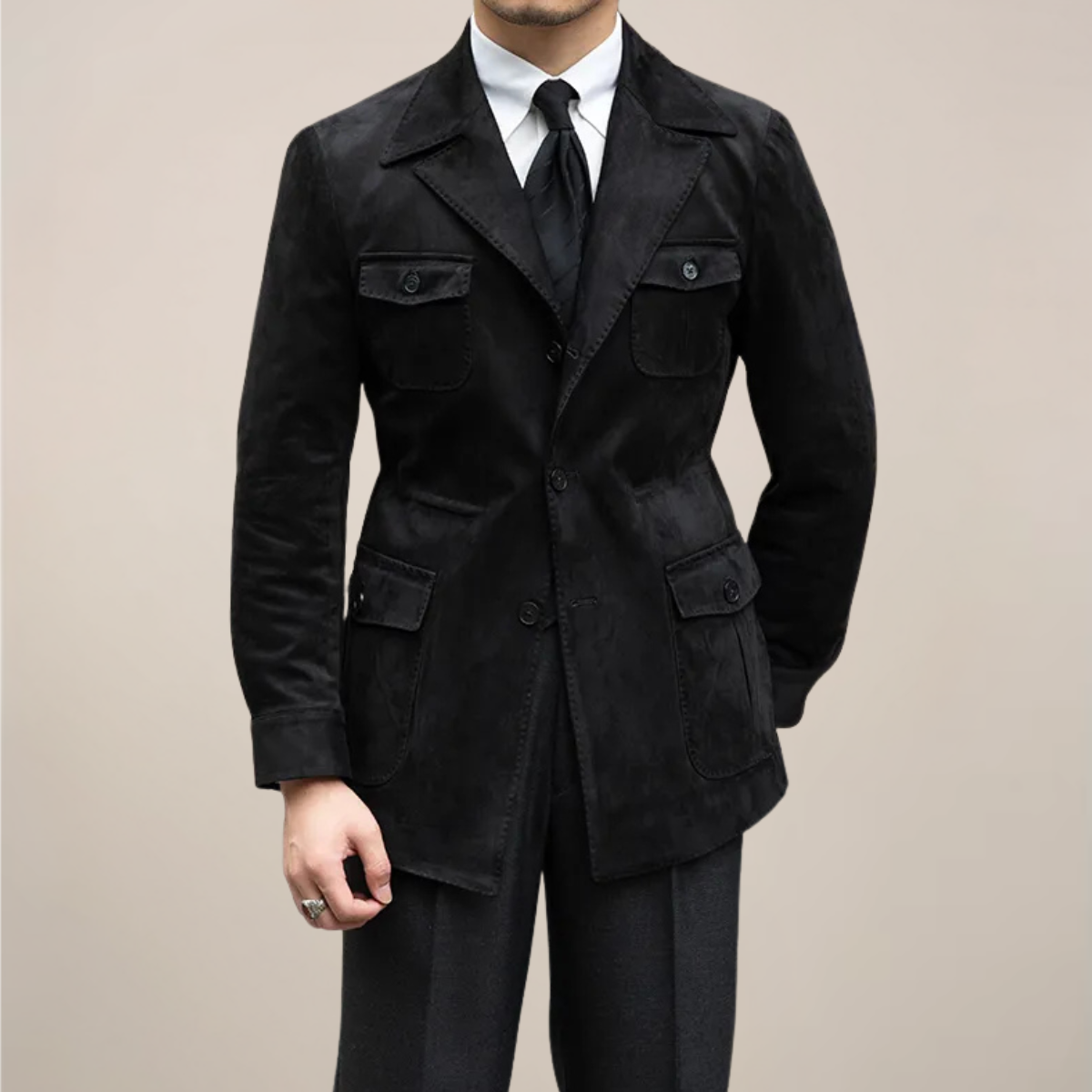 Herre Suede Safari Jakke – Slim Fit med Fire-Lomme Design