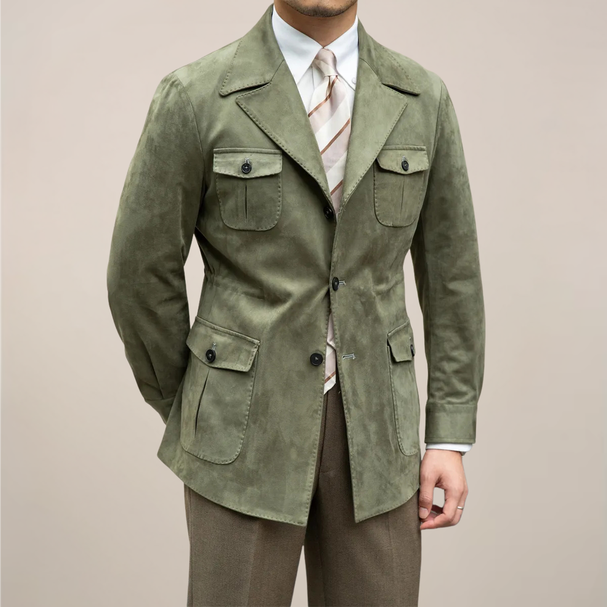 Herre Suede Safari Jakke – Slim Fit med Fire-Lomme Design