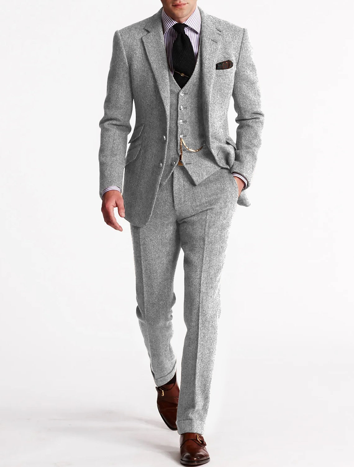 Herre Tre-delt Tweed Tuxedo – Klassisk Skræddersyet Jakkesæt