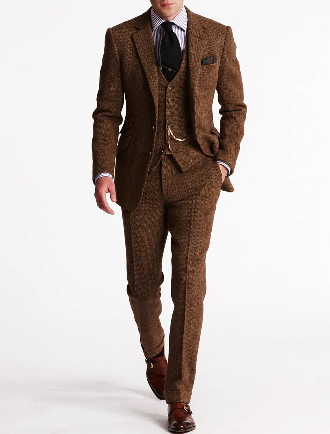 Herre Tre-delt Tweed Tuxedo – Klassisk Skræddersyet Jakkesæt