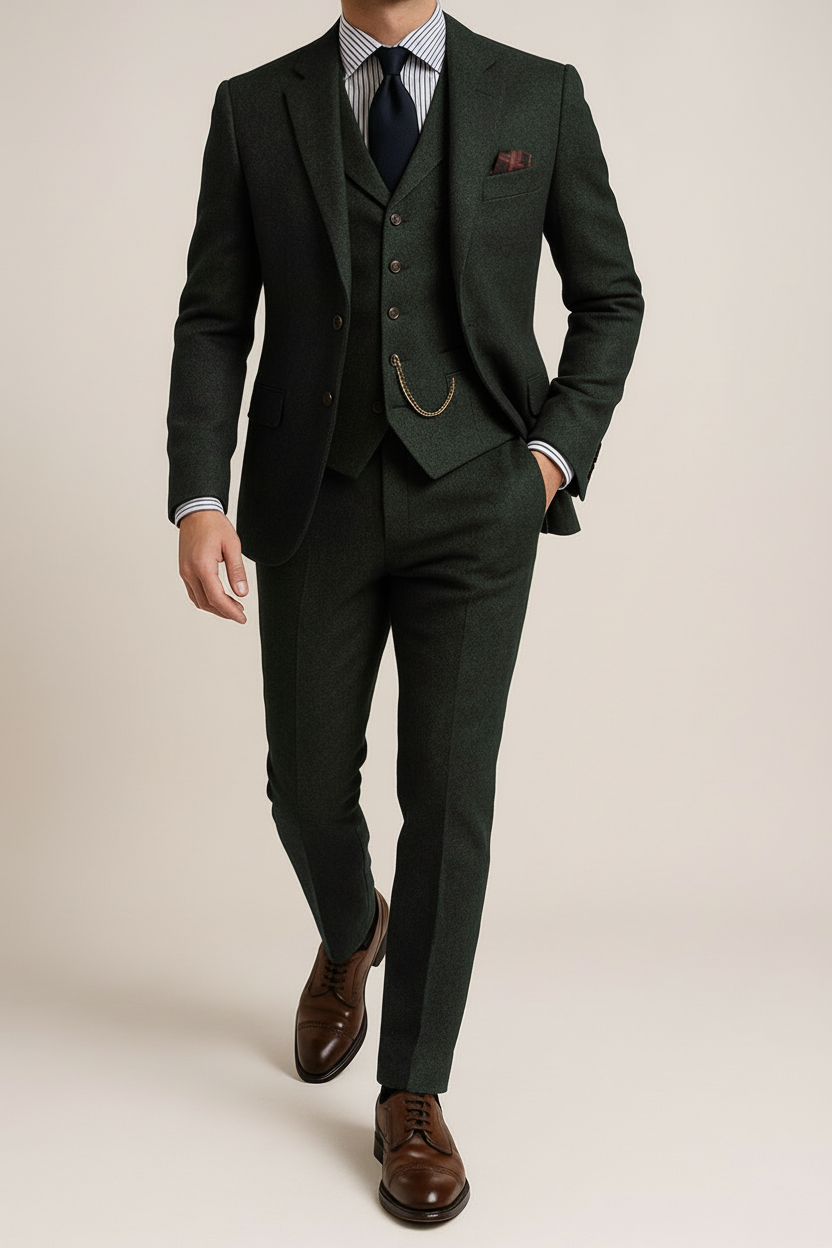 Herre Tweed Grøn 3-delt Skræddersyet Jakkesæt – Klassisk Tuxedo