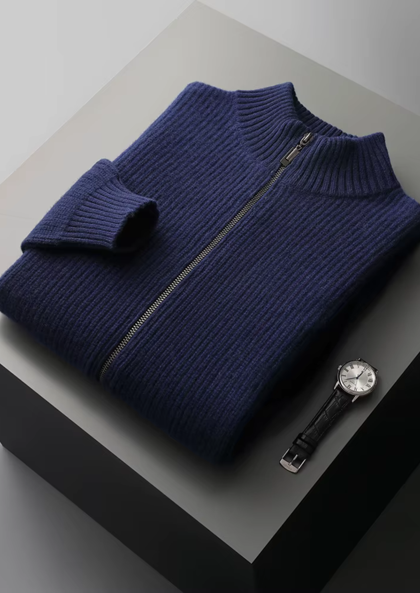 Herre Zip-Up Ribbet Cardigan Sweater med Høj Krave – Al-Sæson Casual Lag