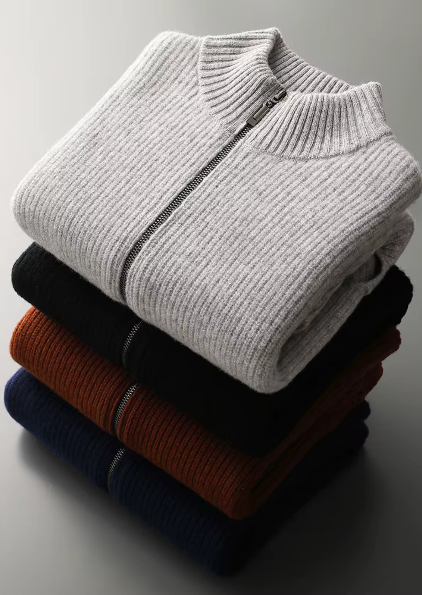 Herre Zip-Up Ribbet Cardigan Sweater med Høj Krave – Al-Sæson Casual Lag