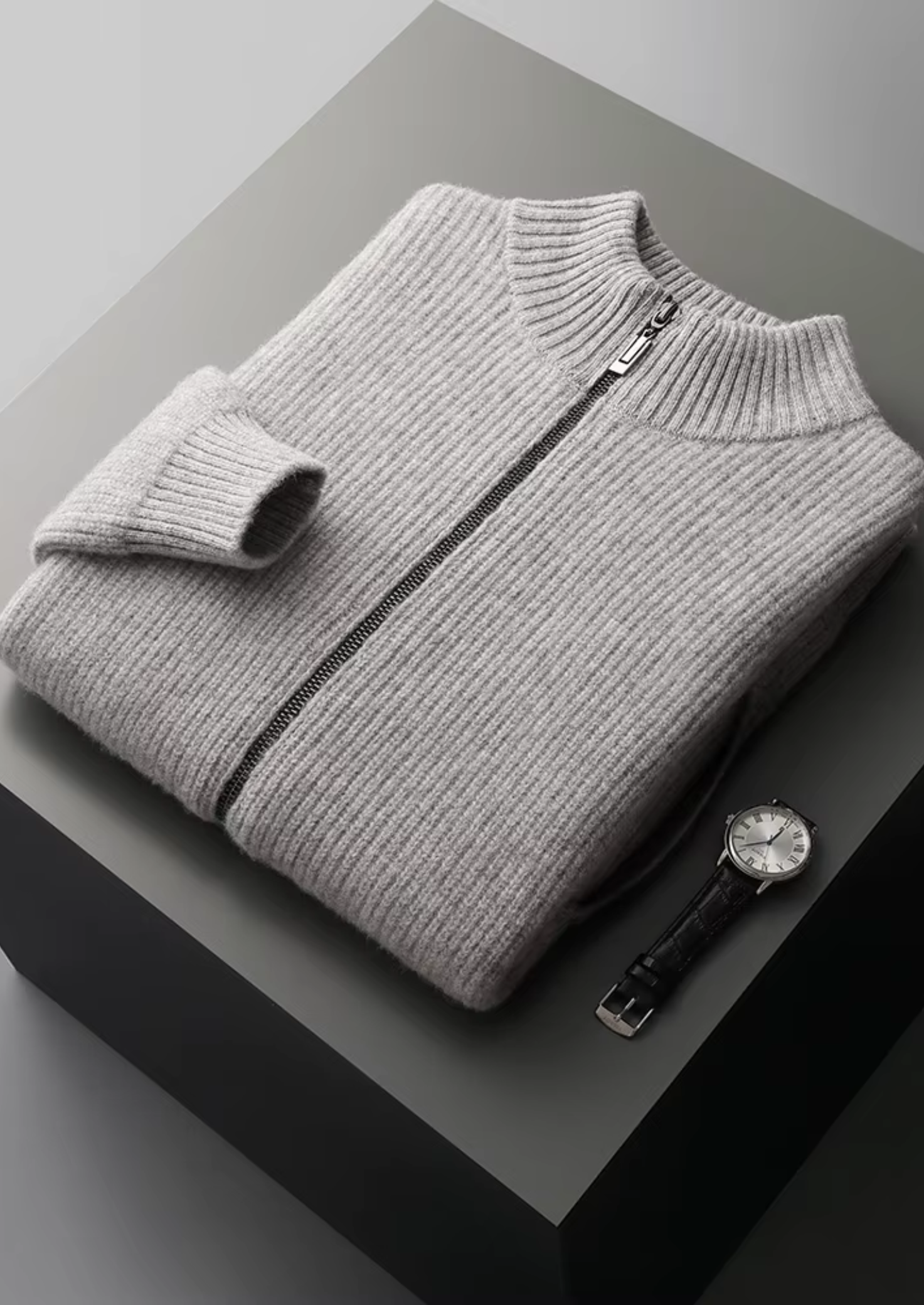 Herre Zip-Up Ribbet Cardigan Sweater med Høj Krave – Al-Sæson Casual Lag