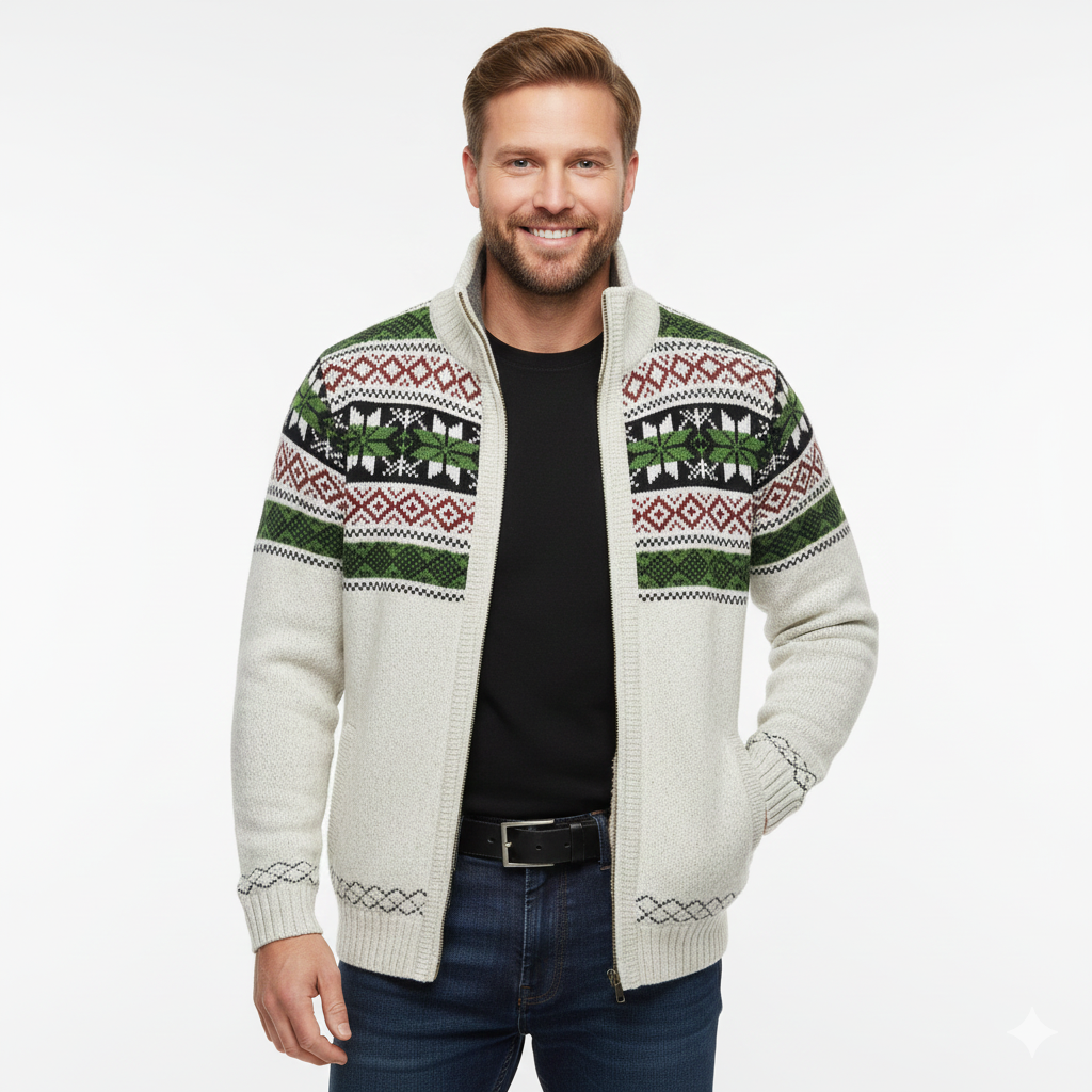 Moris Herre Fleece Vest – Vinter Jacquard Jakke med Høj Krave & Skandinaviske Mønstre