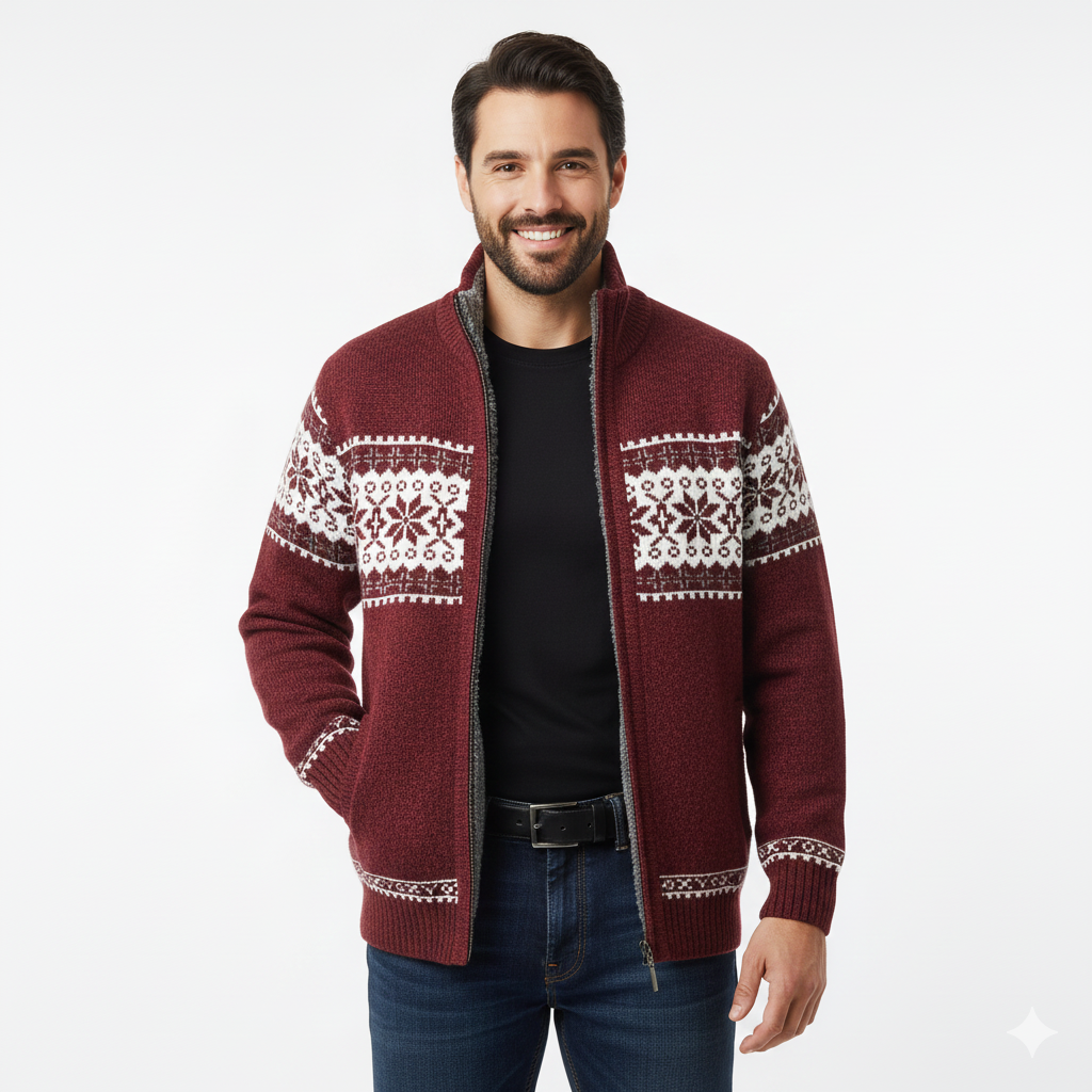 Moris Herre Fleece Vest – Vinter Jacquard Jakke med Høj Krave & Skandinaviske Mønstre