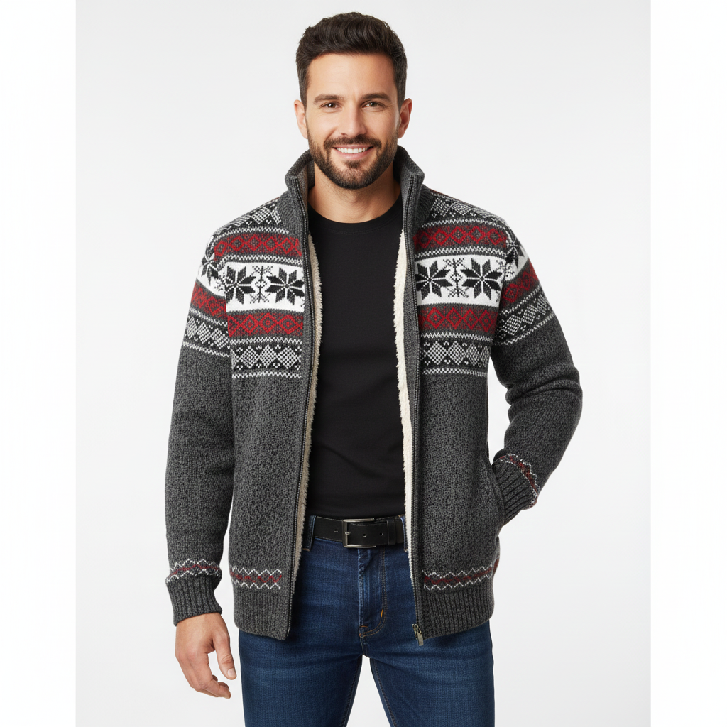 Moris Herre Fleece Vest – Vinter Jacquard Jakke med Høj Krave & Skandinaviske Mønstre
