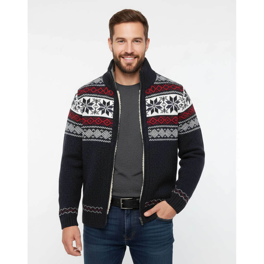 Moris Herre Fleece Vest – Vinter Jacquard Jakke med Høj Krave & Skandinaviske Mønstre