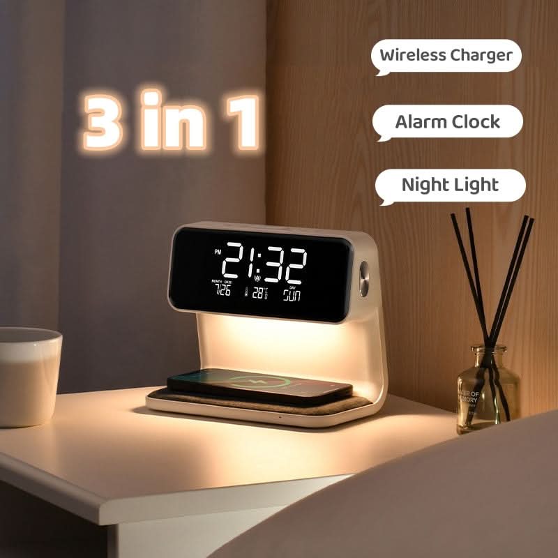 Multifunktionel Vækkeur med LED-Lampe og Trådløs Oplader
