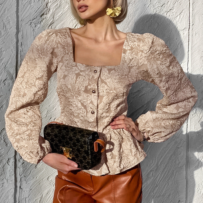 Charlotte Bluse Dame – Elegant Jacquard Top med Fyrkantet Udsnit & Chic Lange Ærmer