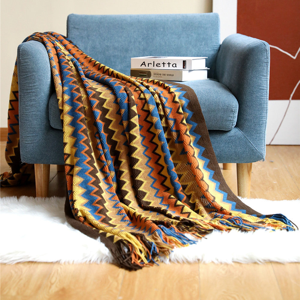 Boho Chevron Dynebetræk – Håndvævet – Med Frynser – Varme Jordfarver
