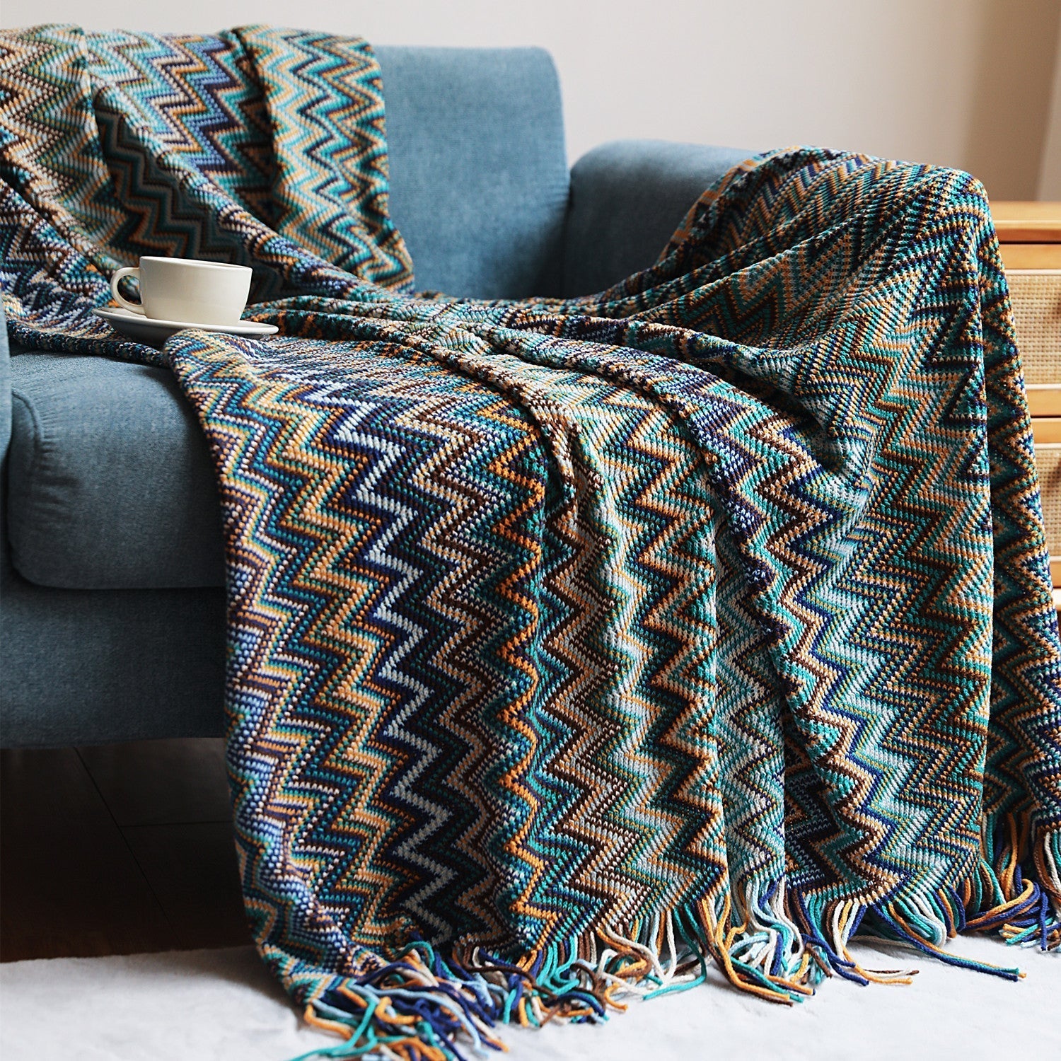 Boho Chevron Dynebetræk – Håndvævet – Med Frynser – Varme Jordfarver