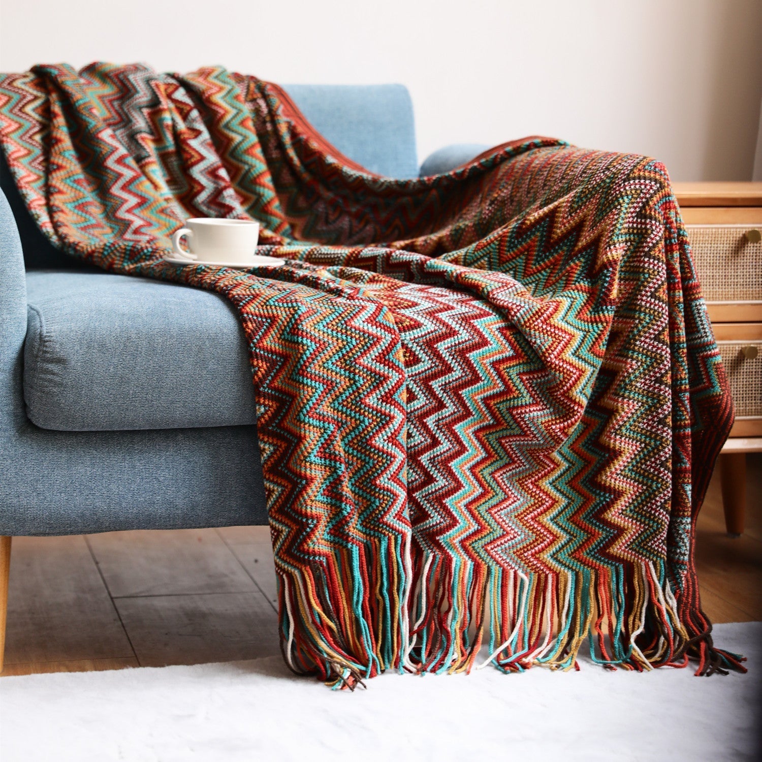 Boho Chevron Dynebetræk – Håndvævet – Med Frynser – Varme Jordfarver