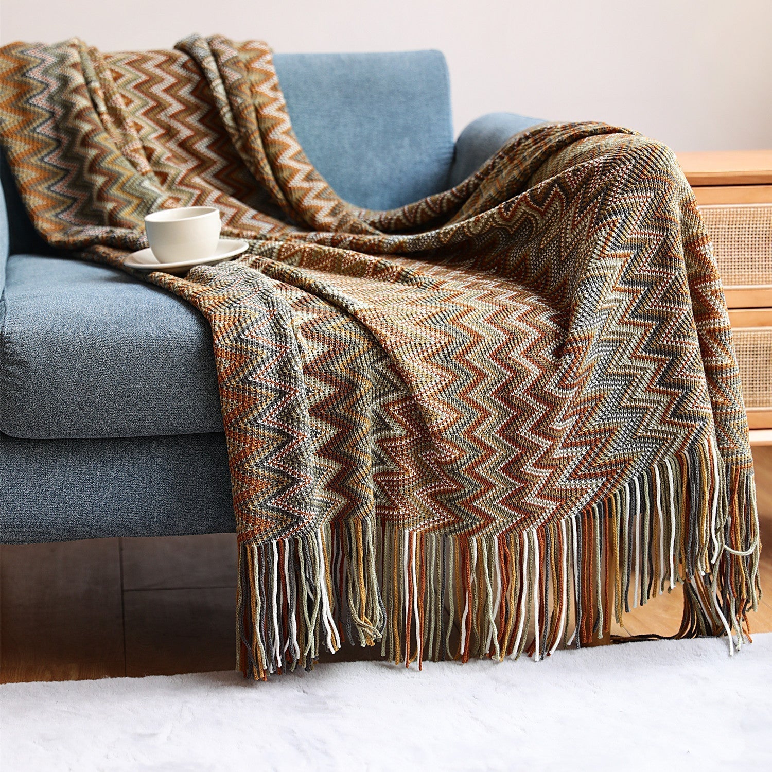 Boho Chevron Dynebetræk – Håndvævet – Med Frynser – Varme Jordfarver