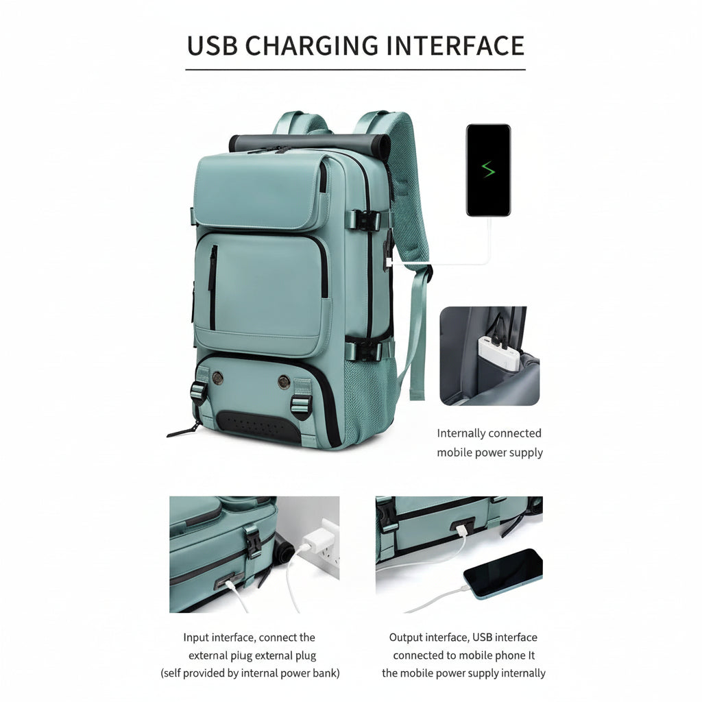 Rejserygsæk med USB-port og stor kapacitet