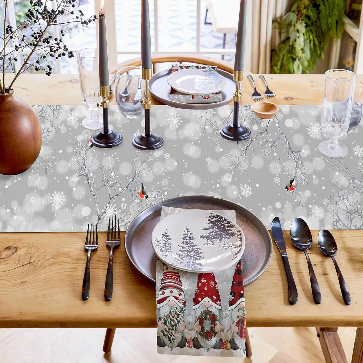 Christmas Tablecloth with Snow Gnome - Luxury Linen Christmas Decoration