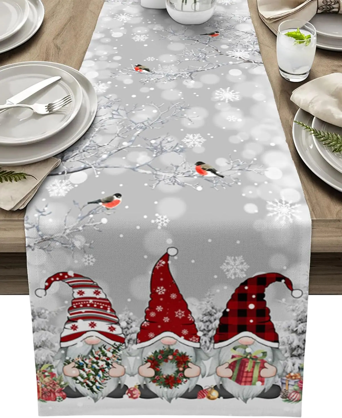 Christmas Tablecloth with Snow Gnome - Luxury Linen Christmas Decoration