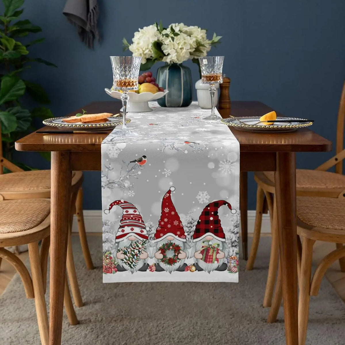 Christmas Tablecloth with Snow Gnome - Luxury Linen Christmas Decoration